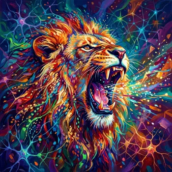 Vibrant psychedelic roaring lion illustration with neon mane and colorful energy bursts — bold forum avatar/pfp radiating a fierce roar.