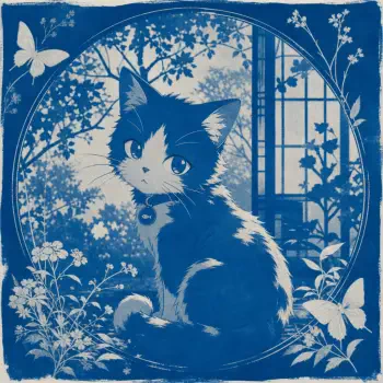 Anime cat in blue tones with bell collar sits by a window among flowers and butterflies, circular floral frame — stylized forum avatar/pfp.