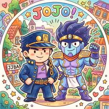 Cute chibi Jotaro Kujo and Stand Star Platinum from JoJo's Bizarre Adventure in a colorful town, JOJO! banner above — circular forum avatar/pfp profile photo.