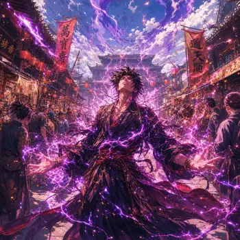 Forum avatar/profile photo: dark-robed anime figure stands in a crowded market, arms outstretched as purple lightning crackles around him beneath a swirling stormy sky.