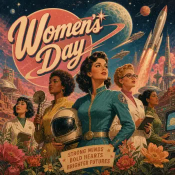 Forum avatar: retro-futuristic Women's Day illustration of diverse, confident women in space-age outfits with helmet, flowers and a Strong minds, bold hearts banner.