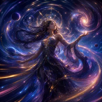Forum avatar of a cosmic goddess: flowing starry gown and hair merging with galaxies and planets, arms raised amid spirals of light.