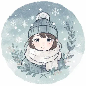 Aesthetic winter forum avatar/pfp: pastel illustration of a girl in a knit beanie and fluffy scarf, surrounded by snowflakes and frosty foliage.
