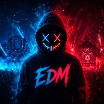 Neon-lit hoodie avatar with an LED X-eyed smile mask, split blue and red EDM crowd backdrop and bold EDM logo — forum profile photo.