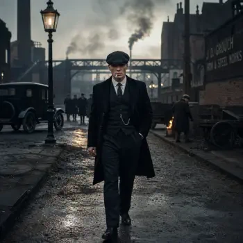 Peaky Blinders forum avatar — a sharp-dressed man in a flat cap and long coat strides down a damp, foggy industrial street with vintage cars and smokestacks behind him.
