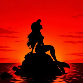 Silhouette of Ariel (The Little Mermaid) sitting on a rock at sunset, used as a forum avatar/profile photo against a vivid red-orange sky and reflective sea.