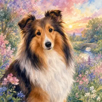 Painted portrait of a Shetland sheepdog used as a forum avatar/profile photo, surrounded by pastel wildflowers with a glowing sunset and a small stone bridge behind.
