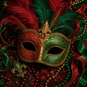 Ornate red and green Mardi Gras mask with gold filigree, jewels, feathers and beads, shown as a festive forum avatar/pfp profile photo.