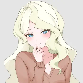 Anime forum avatar/pfp of a blushing blonde woman with long wavy hair and blue eyes, wearing a brown V‑neck sweater and coyly touching a finger to her lips.
