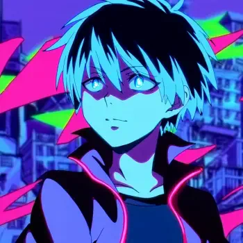 Neon anime forum avatar/pfp: blue-lit character with black-and-white hair, glowing cyan eyes and hot pink neon accents against a stylized cityscape.
