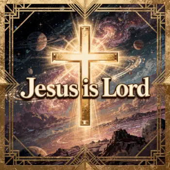 Forum avatar showing a glowing golden cross over a cosmic landscape with an ornate frame and bold text reading Jesus is Lord.