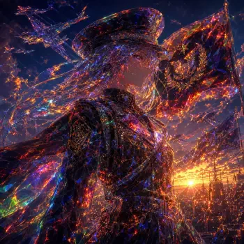 Vibrant, crystalline military anime officer in ornate uniform and peaked cap with a flag at sunset — stylized forum avatar/pfp/profile photo.