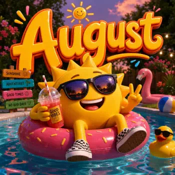 Forum avatar/pfp/profile photo: grinning sun in sunglasses lounging on a donut float, holding a Good Vibes drink beneath bold August lettering, surrounded by poolside summer decor.