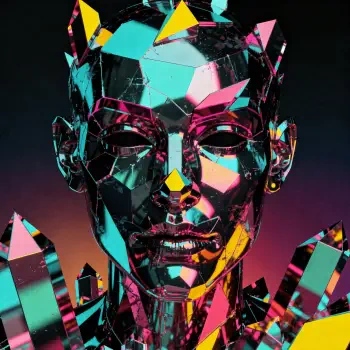 Weirdcore forum avatar/pfp: a faceted crystalline humanoid head in neon cyan, magenta and yellow shards, eyes hollow and reflective, forming a surreal, glitchy portrait.