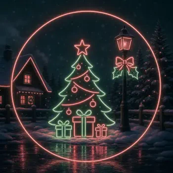 Neon Christmas forum avatar: glowing pink ring framing a neon green and pink Christmas tree with presents and star, beside a lamppost with a bow against a snowy village night.