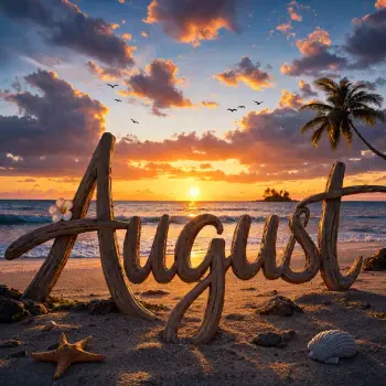 Forum avatar/profile photo: wooden August carved into the sand at a tropical sunset with a palm tree, seashells, starfish and birds over the ocean.