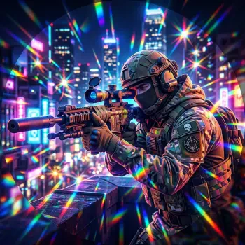 Forum avatar/pfp: masked sniper in tactical gear aiming a scoped rifle against a neon-lit city skyline, stylized with vibrant prismatic light flares.
