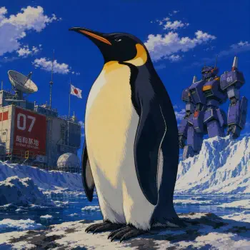 Forum avatar: an emperor penguin stands on ice before a futuristic base, satellite dish and towering mecha under a bright blue sky.