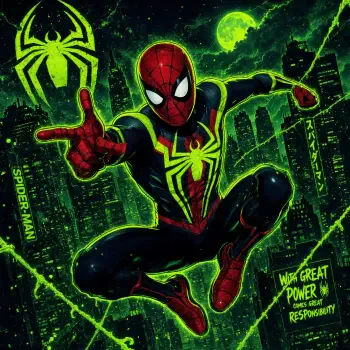 Forum avatar of Spider-Man in a red-and-black suit leaping toward the viewer over a neon green city, with glowing web lines and the text With great power comes great responsibility.