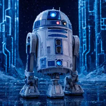 Forum avatar of R2-D2, lit by blue neon, standing on a reflective wet surface with a circuit-like digital background.