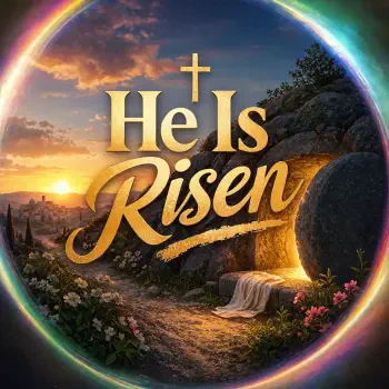 Forum avatar: circular sunrise scene of the empty tomb and stone rolled away, with gold He Is Risen lettering and a small cross.