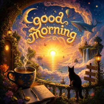 Forum avatar/pfp reading Good morning — glowing sunrise over clouds, steaming cup, open book, silhouetted cat on a balcony with lanterns and a flying whale.