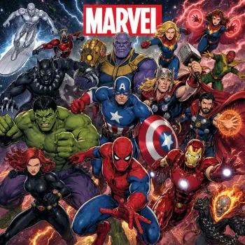 Marvel Comics forum avatar/profile: group shot of heroes — Spider-Man front, Captain America, Iron Man, Hulk, Thor, Black Widow and others beneath the Marvel logo.