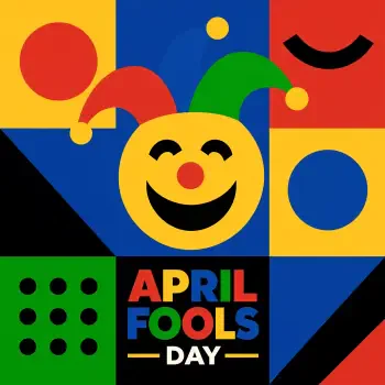 Colorful geometric jester avatar with a smiling face and bold April Fools Day text — forum profile picture.