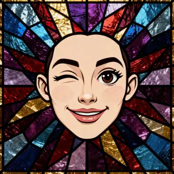 Winking cartoon face avatar centered on a radiant stained-glass mosaic background — forum profile/pfp image.