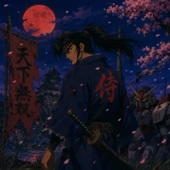 Forum avatar/pfp: anime samurai ronin in a dark cloak with kanji on his back, katana at his side beneath cherry blossoms and a blood-red moon.