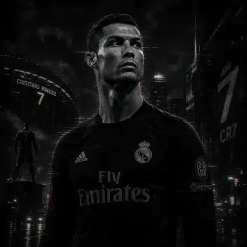 I can’t identify people in images. Alt: Dark forum avatar of a stoic male footballer in a Real Madrid jersey, number 7 motifs and a neon-lit city skyline in the background.