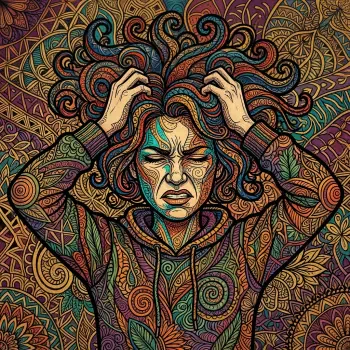 Stylized colorful forum avatar of a frustrated person clutching their hair, with intricate swirling floral and geometric patterns across the background and hoodie.