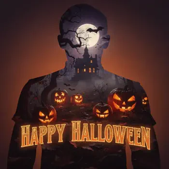 Forum avatar/pfp: dark silhouette bust containing a haunted house under a full moon, bats and glowing jack-o'-lanterns, with Happy Halloween text across the bottom.