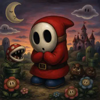 Cartoon Shy Guy in a red hood amid Halloween monsters — Piranha Plant, Goombas, crescent moon and haunted castle — stylized forum avatar/pfp.