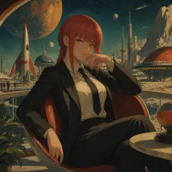 Forum avatar/pfp/profile photo of Makima (Chainsaw Man): an anime woman in a black suit lounging in a retro‑futuristic space cafe, arms crossed, confident smirk.
