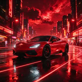 Forum avatar/pfp: glossy red sports car on wet streets, neon city lights reflecting under a dramatic red sky.