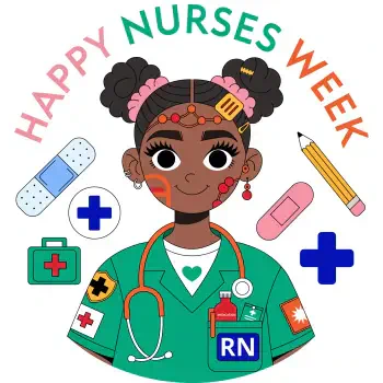 Forum avatar/pfp: colorful illustration of a smiling nurse in green scrubs with RN badge, stethoscope and medical icons around her, Happy Nurses Week arched above.