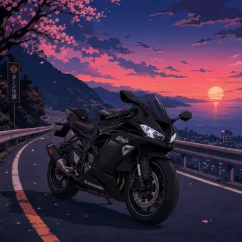 Anime-style black sport motorcycle on a coastal road at sunset beneath cherry blossoms — forum avatar/pfp.