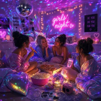 Forum avatar/pfp showing a girls' night: four friends in iridescent robes lounging in a neon-lit room with pizza, popcorn, a disco ball and a glowing girls night sign.