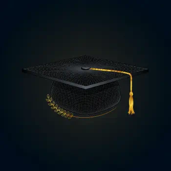 Stylized wireframe mortarboard graduation cap with gold tassel and laurel on a dark background — forum avatar/profile photo.