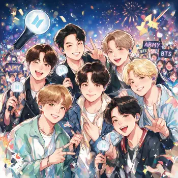 Colorful illustrated forum avatar of a seven-member K-pop idol group, smiling with lightsticks onstage amid a cheering crowd, fan signs and fireworks.
