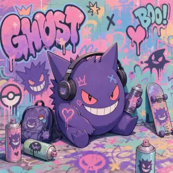 Graffiti-style forum avatar of Gengar (Pokémon) — grinning, wearing headphones among spray cans, skateboard and backpack beneath a colorful GHOST mural.