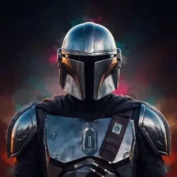 Forum avatar/pfp of The Mandalorian in a chrome helmet and beskar armor, sci‑fi portrait with a dark, colorful nebula-like background.