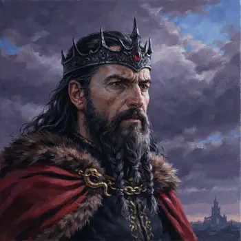 Forum avatar of a dark king: stern warrior monarch in a spiked crown and fur cloak, braided beard against a stormy, brooding sky.