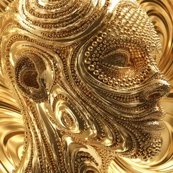 Bedazzled abstract gold fractal profile avatar: a stylized human head in profile made of ornate beaded fractal patterns and swirling layered curves.