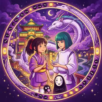 Forum avatar: Spirited Away–inspired scene of a girl and a boy together, a white dragon coiling around them, No-Face and the bathhouse glowing under a purple, starry night.