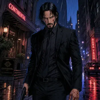 Forum avatar of John Wick in a black suit on a rain-soaked neon street, gripping a handgun with bloodied hands.