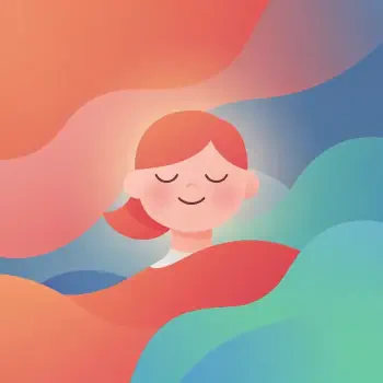 Calm, smiling girl face avatar with closed eyes amid flowing pastel waves, radiating good vibes — a cheerful forum profile photo.