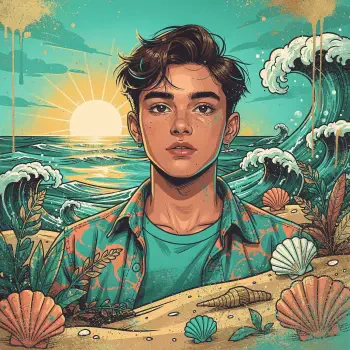 Forum avatar portrait of a young man with tousled dark hair and a teal shirt, framed by a coastal aesthetic: sunlit ocean waves, sandy beach, seashells and tropical foliage.
