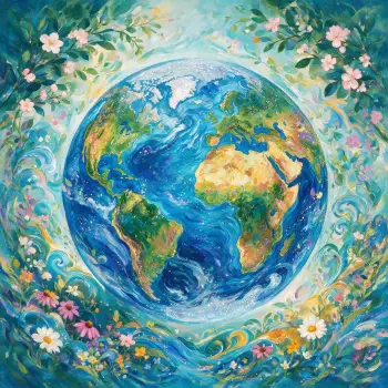Forum avatar: a painted Earth Day globe/planet surrounded by flowers, swirling water and leafy vines — a vibrant earth-themed profile picture.
